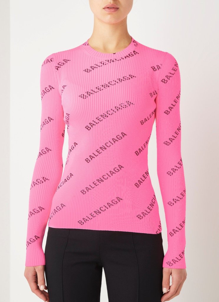 Roze ribgebreide trui met all over print van Balenciaga.